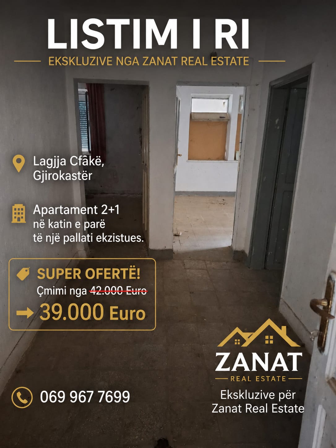Shitet apartament 2+1, në katin e parë të një pallati ekzistues. 📍 Lagjja Cfakë, Gjirokastër