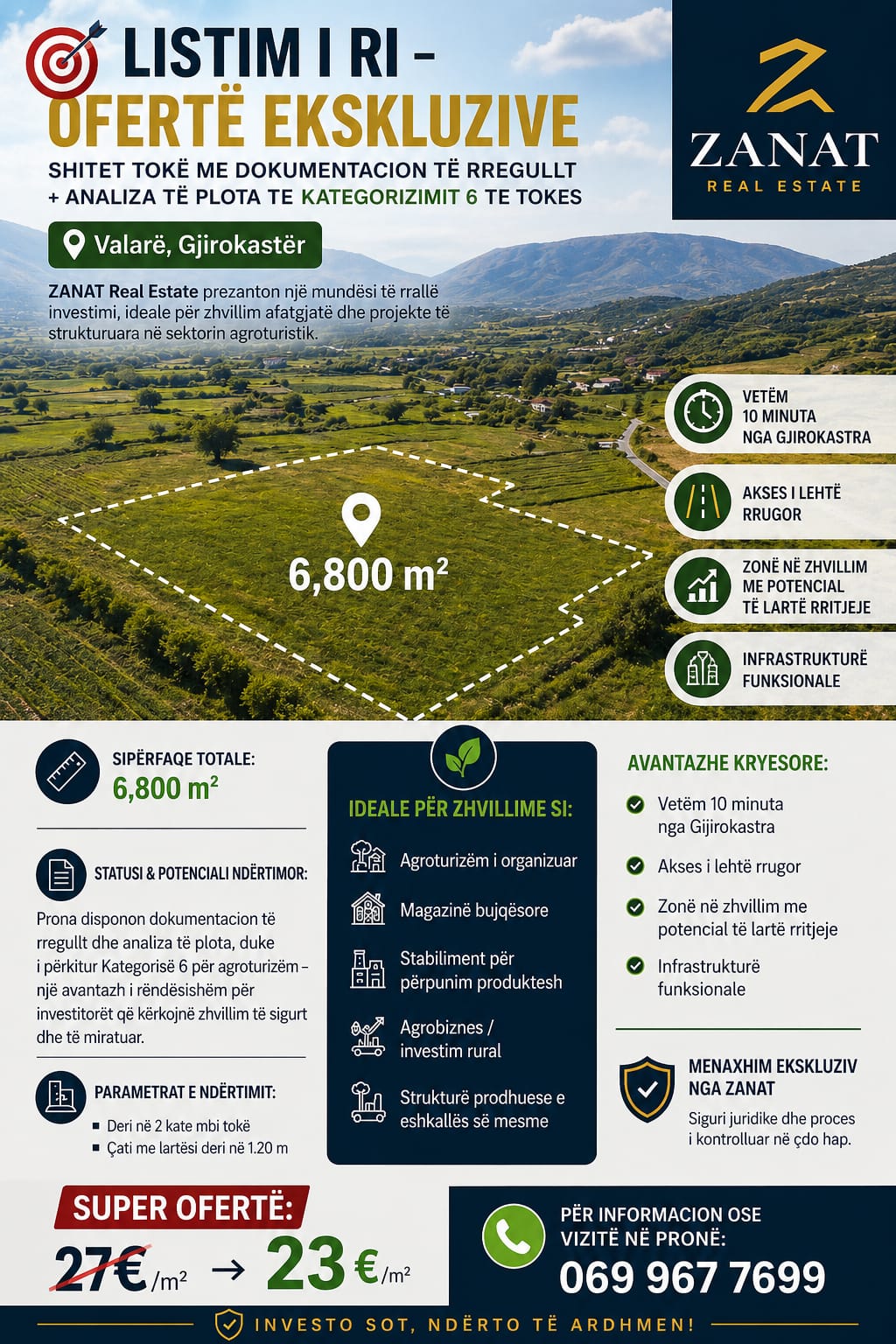 Shitet tokë me sipërfaqe totale 6,800 m² në Valare, Gjirokastër, vetëm 10 minuta nga qendra e qytetit.
